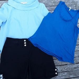 2 tops  1 pant. various brands. bonus black shorts